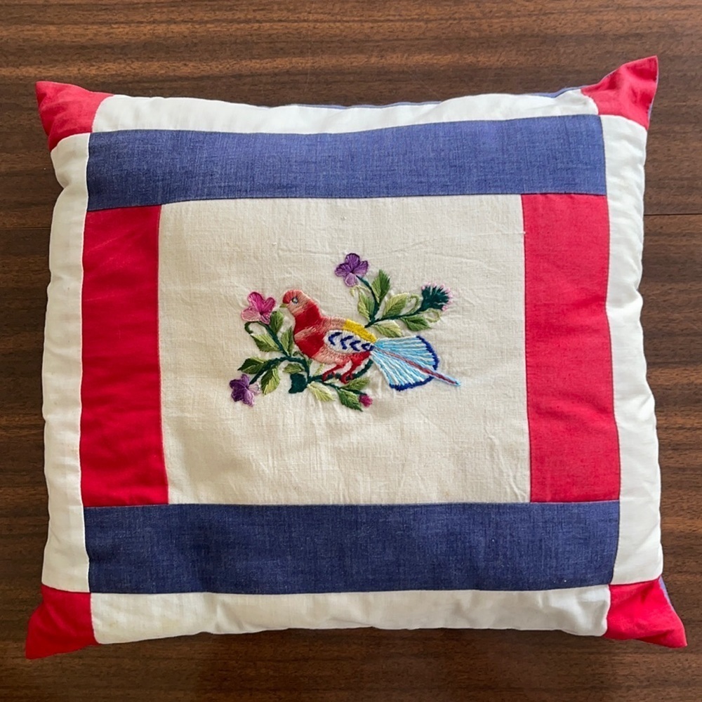 Hand Embroidered Bird Patchwork Pillow 16” Square